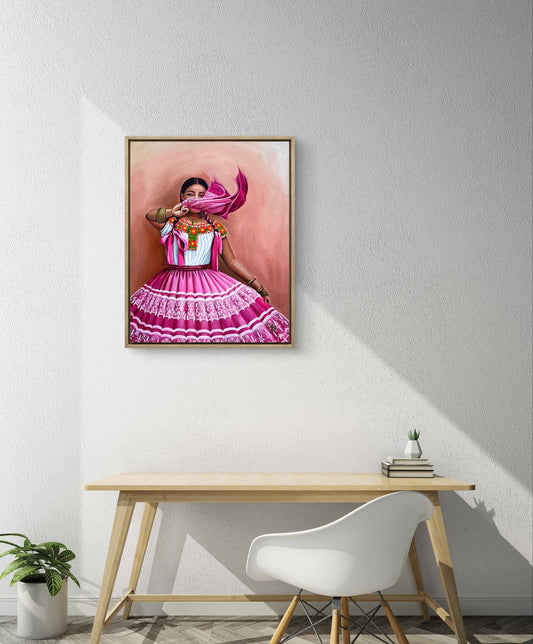 Traditions: Mexico - "Vestido Rosa" by Suyeun – Traditional Mexican Woman in Pink Dress, Original Oil Painting on Canvas, 40x60cm image 1
