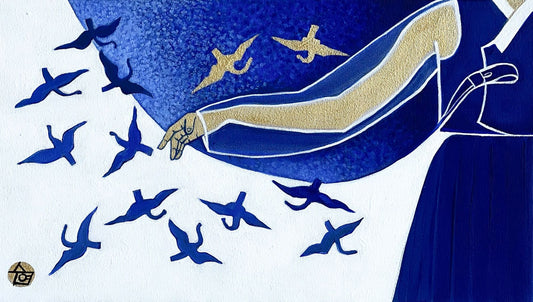 Traditions: Korea - "Whispers in Blue" by Suyeun – Korean-Inspired Minimalist Painting with Birds in Flight, Original Acrylic on Canvas, 35x20cm image 1