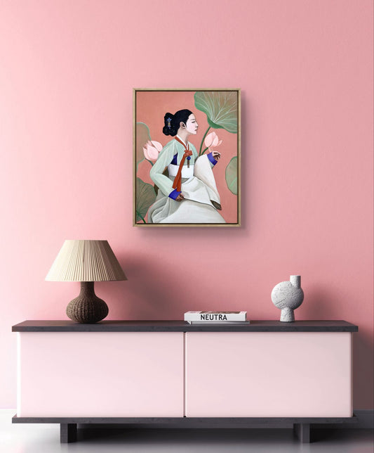 Traditions: Korea - "Hanbok & Lotus" by Suyeun – Korean Woman Portrait with Lotus Flower, Original Oil Painting on Canvas, 35x45cm image 1