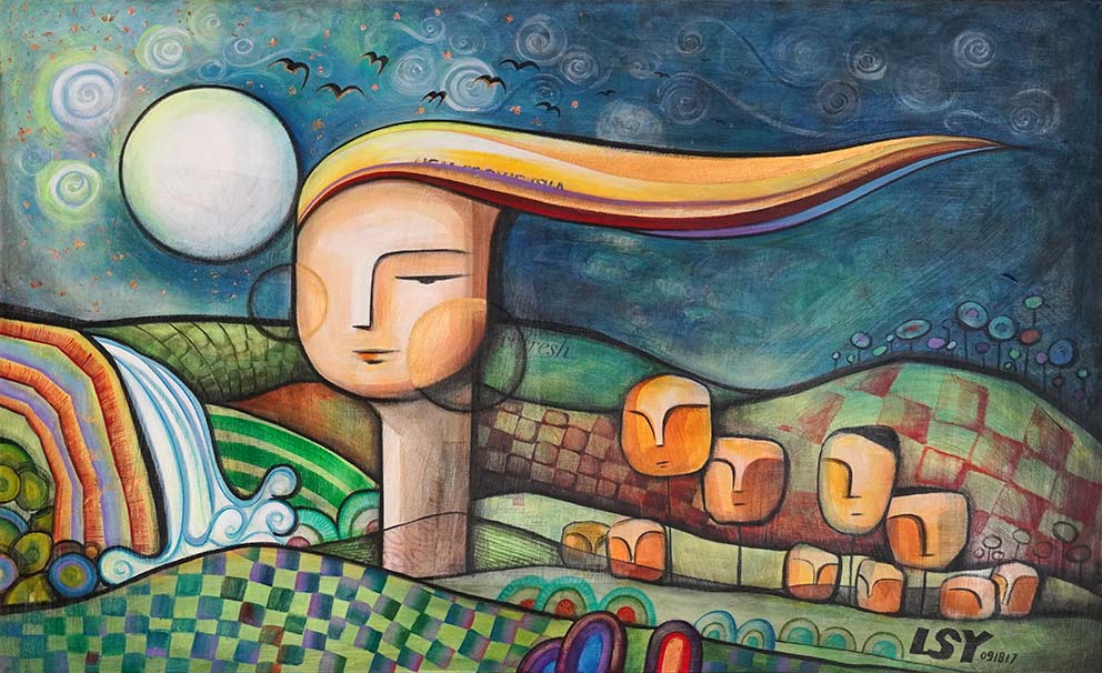 “Mom’s Tree” Original Acrylic Painting on Canvas by Suyeun, framed in flat gold image 0