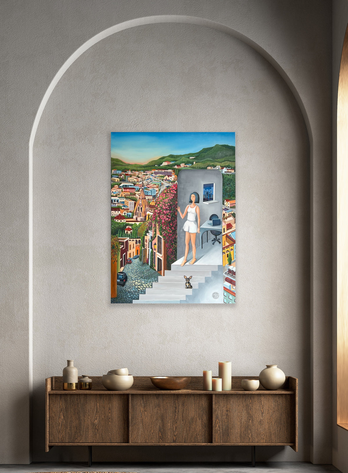 "Moment of Arrival" by Suyeun Lee displayed as a symbolic contemporary figurative painting in a bright modern interior with cactus plants and a bench