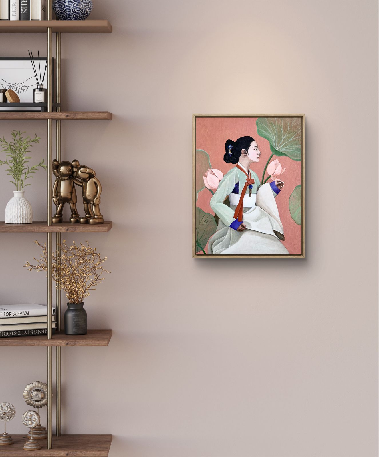 Traditions: Korea - "Hanbok & Lotus" by Suyeun – Korean Woman Portrait with Lotus Flower, Original Oil Painting on Canvas, 35x45cm image 2