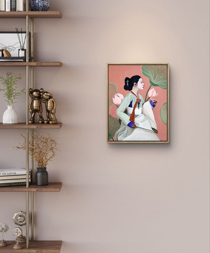 Traditions: Korea - "Hanbok & Lotus" by Suyeun – Korean Woman Portrait with Lotus Flower, Original Oil Painting on Canvas, 35x45cm image 2