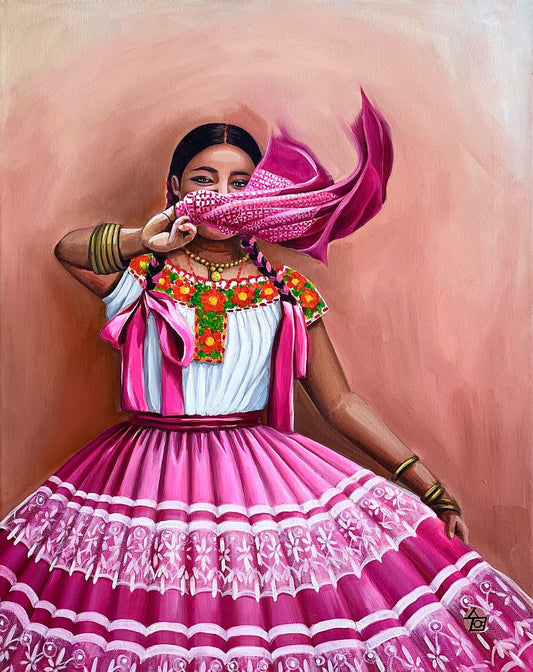 Traditions: Mexico - "Vestido Rosa" by Suyeun – Traditional Mexican Woman in Pink Dress, Original Oil Painting on Canvas, 40x60cm image 0