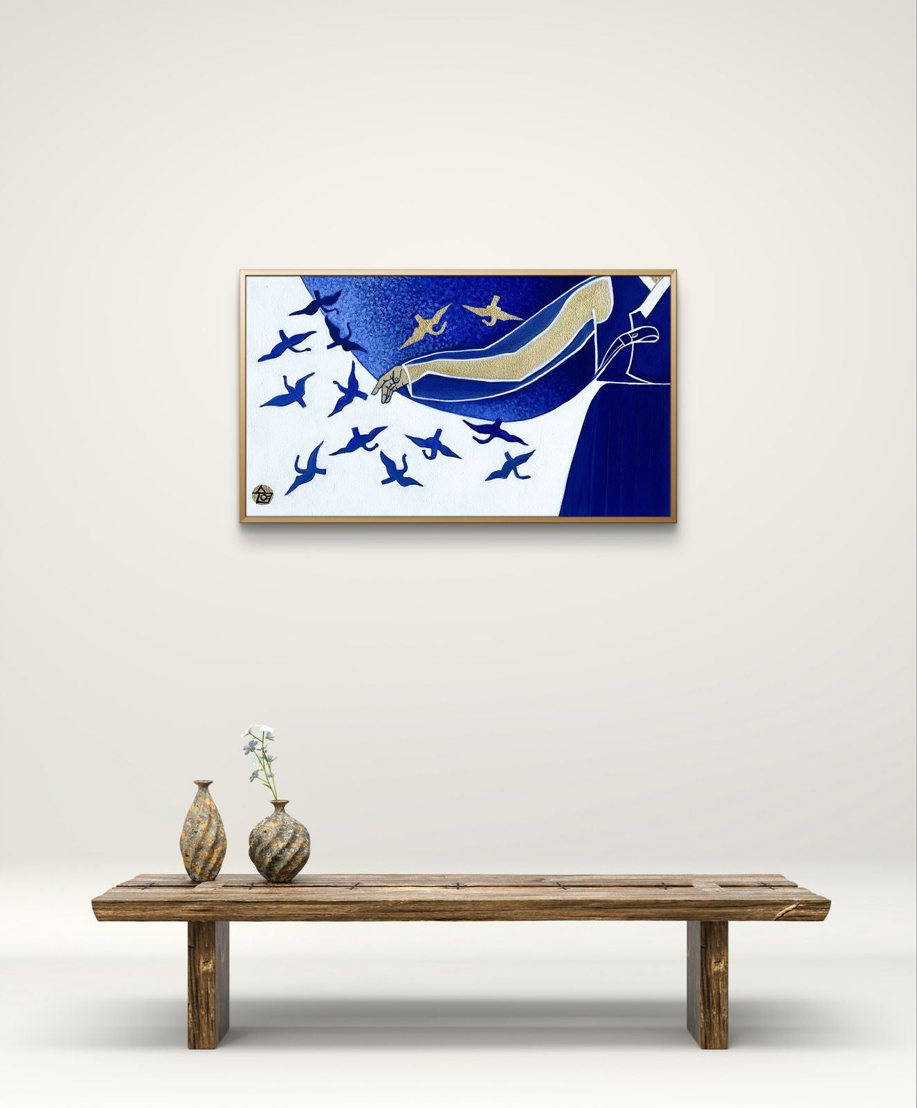 Traditions: Korea - "Whispers in Blue" by Suyeun – Korean-Inspired Minimalist Painting with Birds in Flight, Original Acrylic on Canvas, 35x20cm image 3