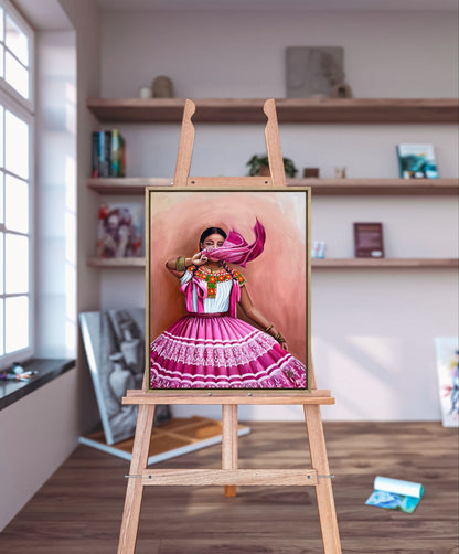 Traditions: Mexico - "Vestido Rosa" by Suyeun – Traditional Mexican Woman in Pink Dress, Original Oil Painting on Canvas, 40x60cm image 2
