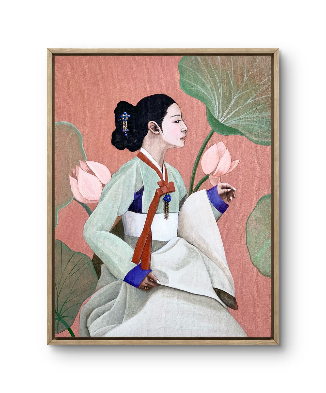 Traditions: Korea - "Hanbok & Lotus" by Suyeun – Korean Woman Portrait with Lotus Flower, Original Oil Painting on Canvas, 35x45cm image 3
