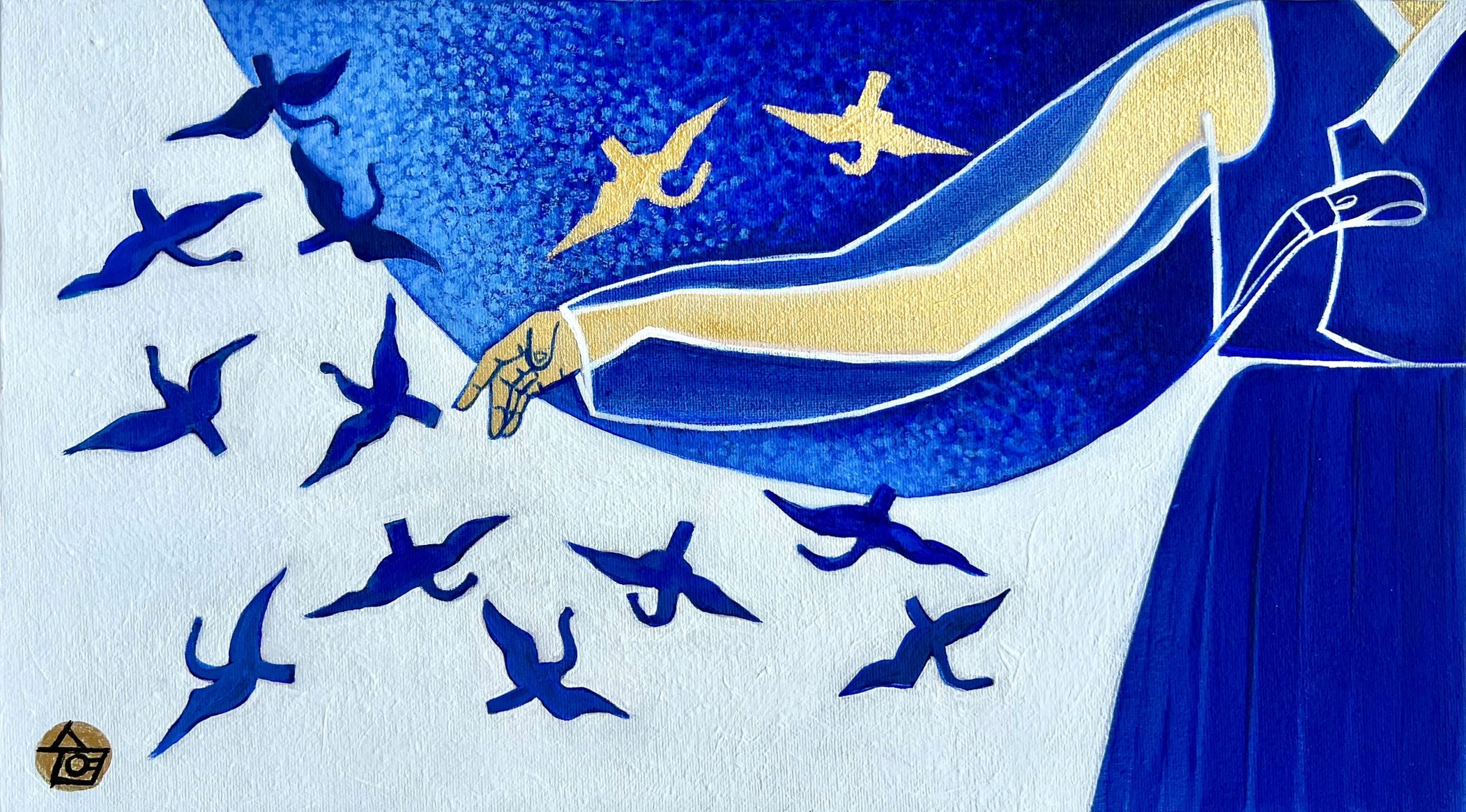 Traditions: Korea - "Whispers in Blue" by Suyeun – Korean-Inspired Minimalist Painting with Birds in Flight, Original Acrylic on Canvas, 35x20cm image 4