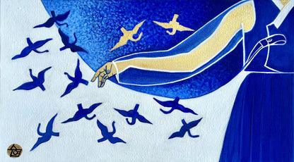 Traditions: Korea - "Whispers in Blue" by Suyeun – Korean-Inspired Minimalist Painting with Birds in Flight, Original Acrylic on Canvas, 35x20cm image 4