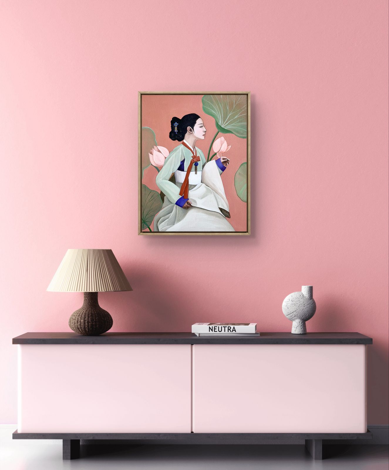 Traditions: Korea - "Hanbok & Lotus" by Suyeun – Korean Woman Portrait with Lotus Flower, Original Oil Painting on Canvas, 35x45cm image 1