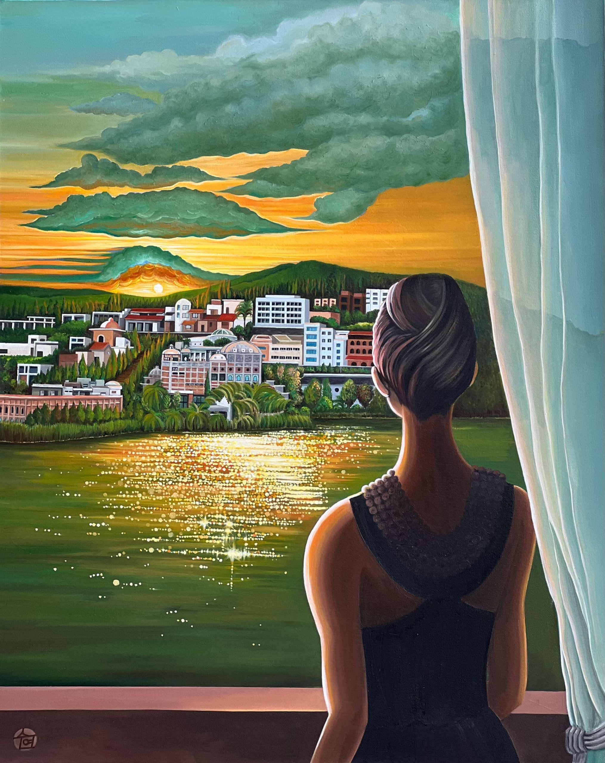 I'm Going to Miss You, an acrylic painting by Suyeun Lee of a woman looking out at a sunset city view through a curtain