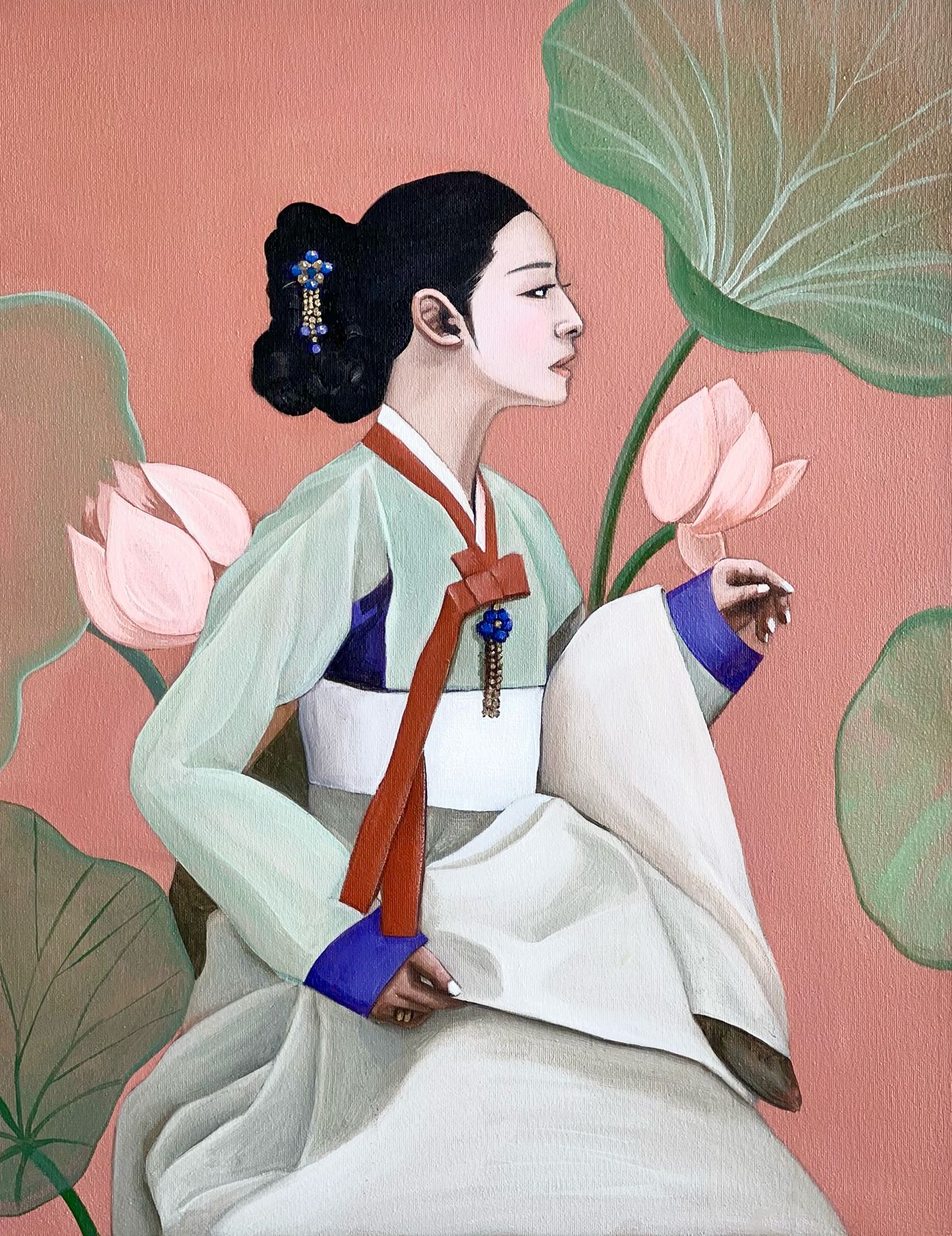 Traditions: Korea - "Hanbok & Lotus" by Suyeun – Korean Woman Portrait with Lotus Flower, Original Oil Painting on Canvas, 35x45cm image 0