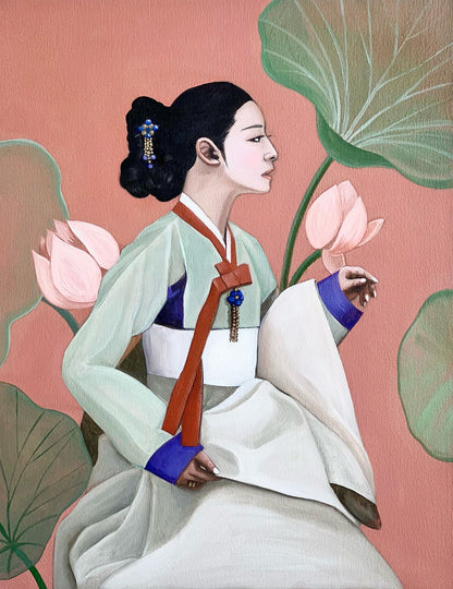 Traditions: Korea - "Hanbok & Lotus" by Suyeun – Korean Woman Portrait with Lotus Flower, Original Oil Painting on Canvas, 35x45cm image 0