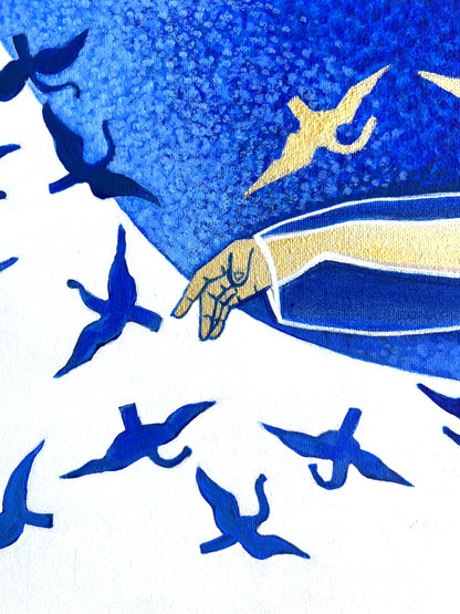Traditions: Korea - "Whispers in Blue" by Suyeun – Korean-Inspired Minimalist Painting with Birds in Flight, Original Acrylic on Canvas, 35x20cm image 7