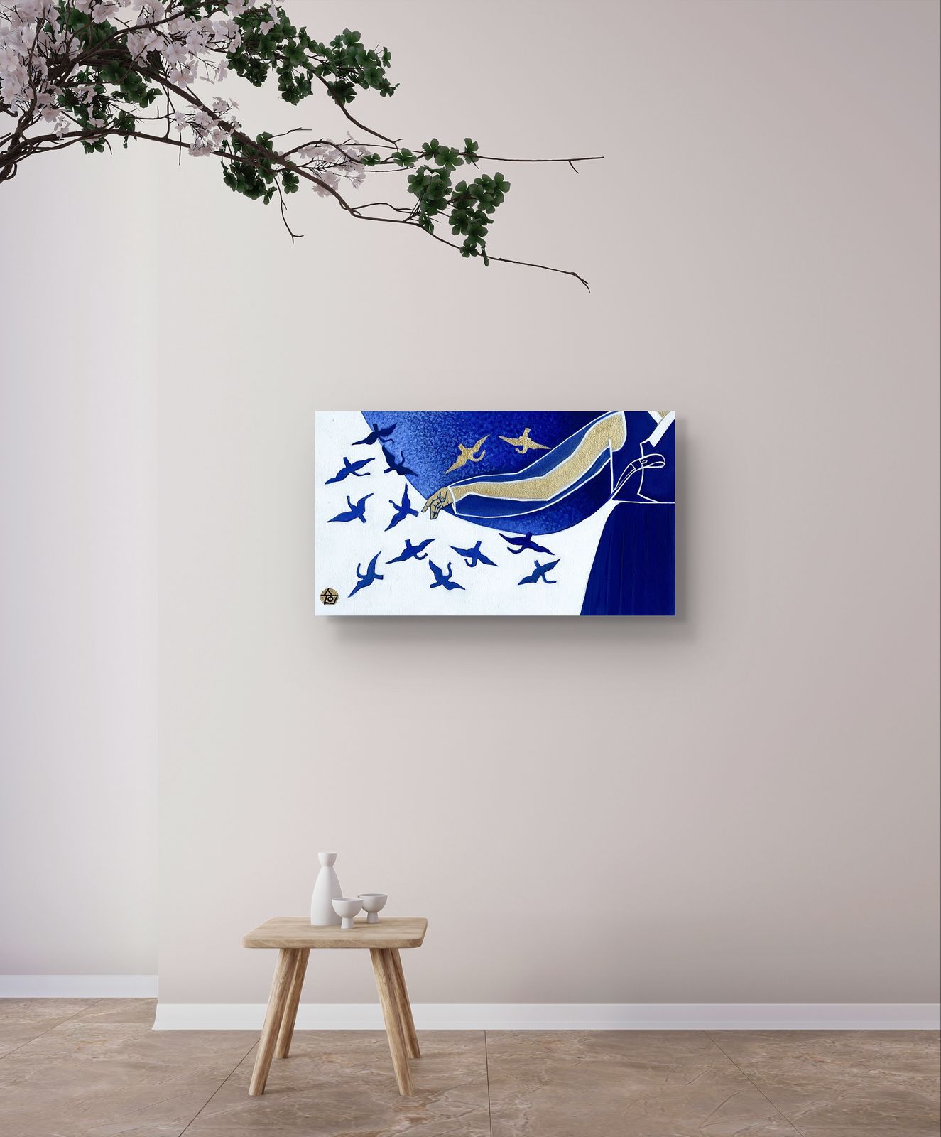 Traditions: Korea - "Whispers in Blue" by Suyeun – Korean-Inspired Minimalist Painting with Birds in Flight, Original Acrylic on Canvas, 35x20cm image 2