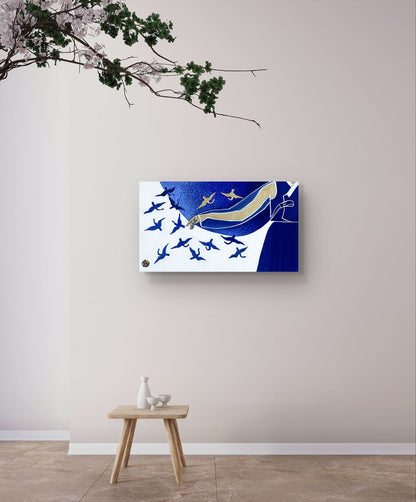 Traditions: Korea - "Whispers in Blue" by Suyeun – Korean-Inspired Minimalist Painting with Birds in Flight, Original Acrylic on Canvas, 35x20cm image 2