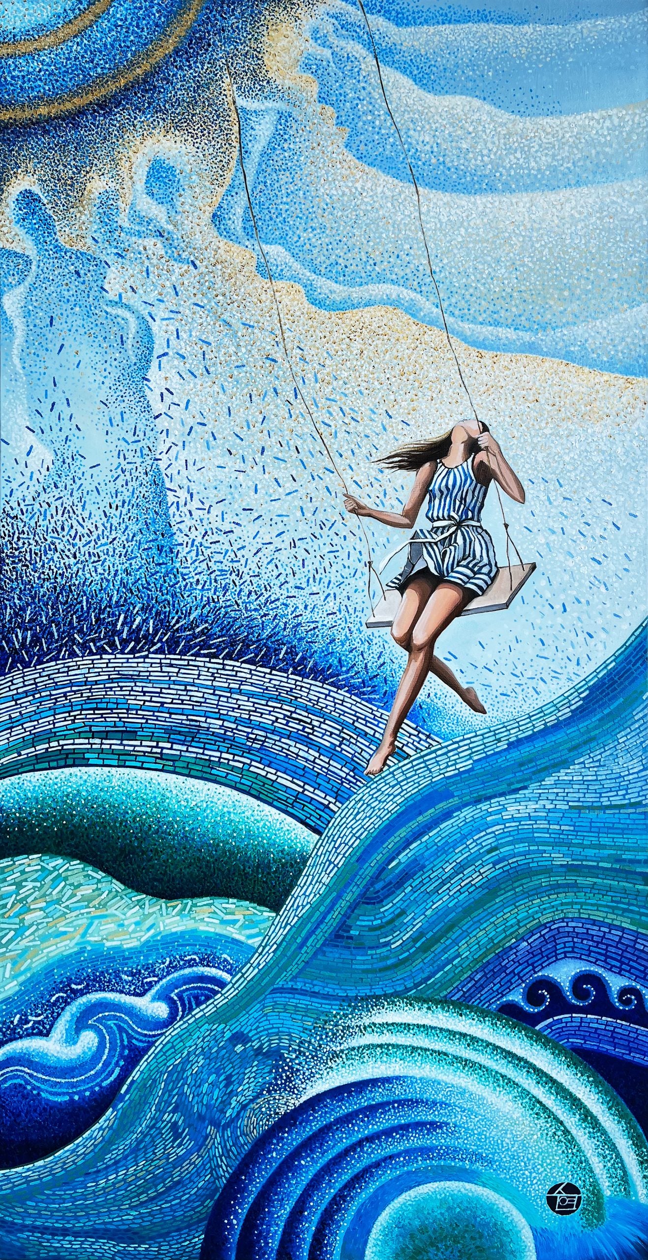Acrylic painting by Suyeun Lee of a woman on a swing over blue ocean waves