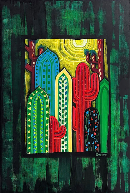 "Cactus Harmony" – Original Acrylic & Oil Pastel Painting (80x120cm)