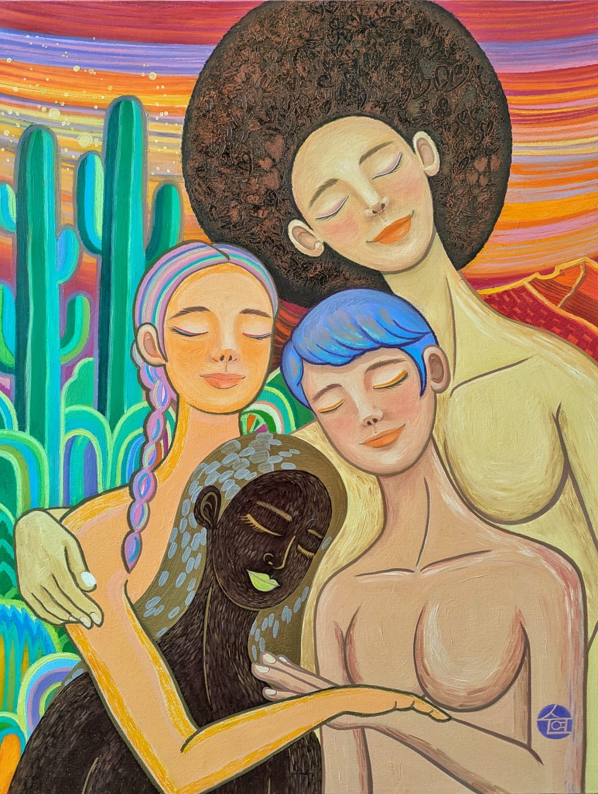 Embrace, an acrylic painting by Suyeun Lee of three women embracing against a colorful desert sunset