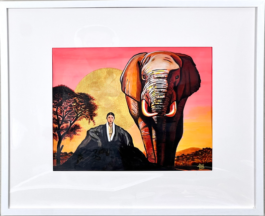Serene Hanbok & Elephant Dreamscape - Original Korean-Inspired Art with Frame (Maricopa Local Delivery)