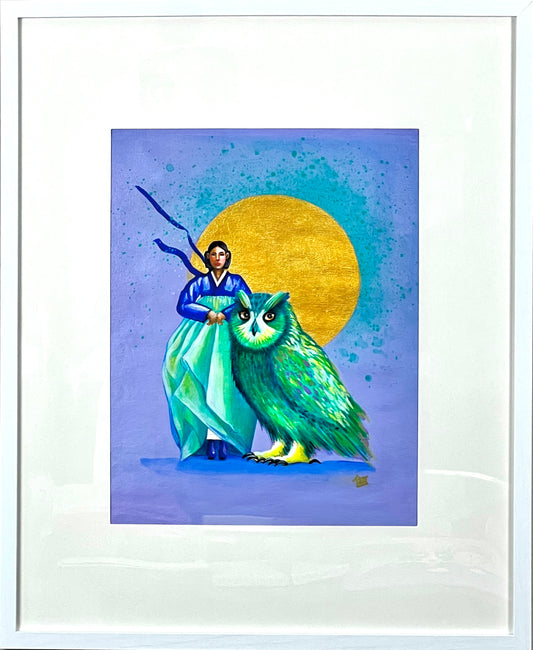 Hanbok & Owl Guardian - Original Korean-Inspired Art with Frame (Maricopa Local Delivery)