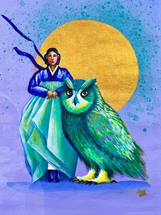Hanbok & Owl Guardian - Original Korean-Inspired Art with Frame (Maricopa Local Delivery)