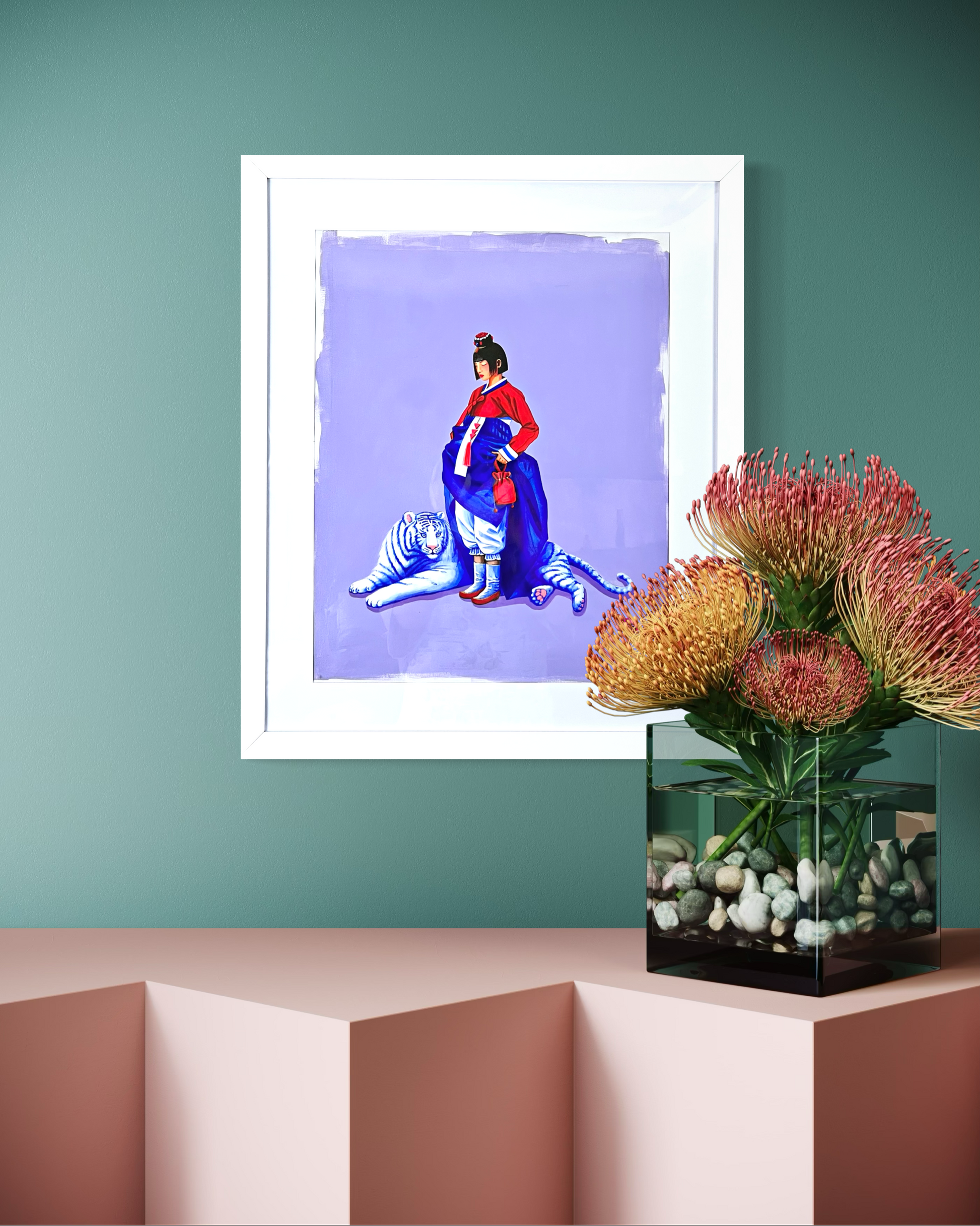 The White Tiger's Grace original painting by Suyeun, framed fine art, Queen Creek AZ area