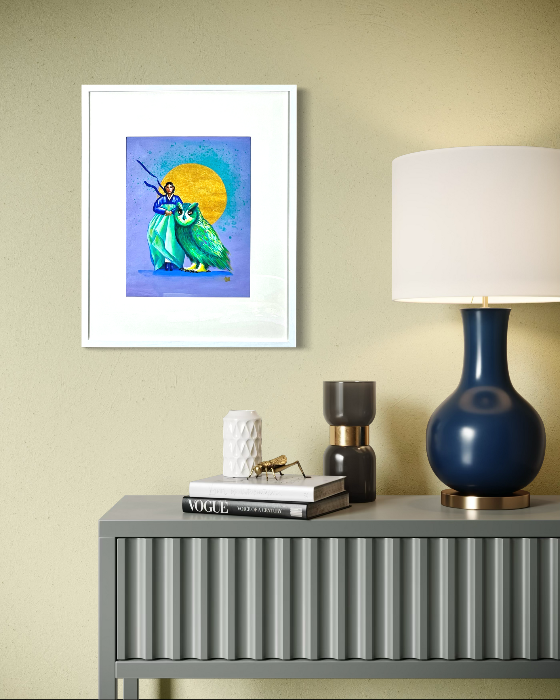 Original Korean-inspired Hanbok and Owl painting by Suyeun, Maricopa fine art