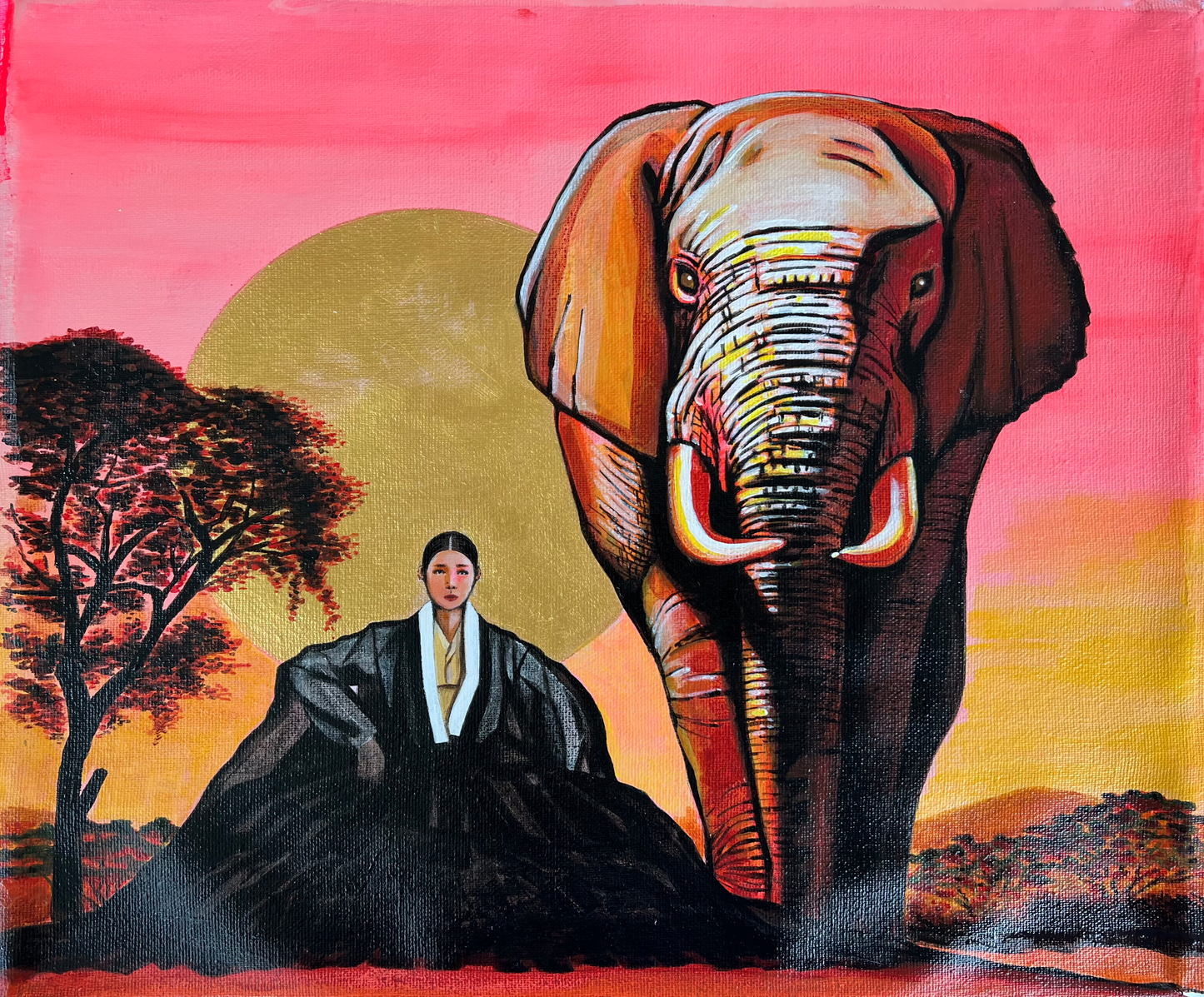 Original Korean-inspired Hanbok and Elephant dreamscape painting by Suyeun Lee, Maricopa AZ
