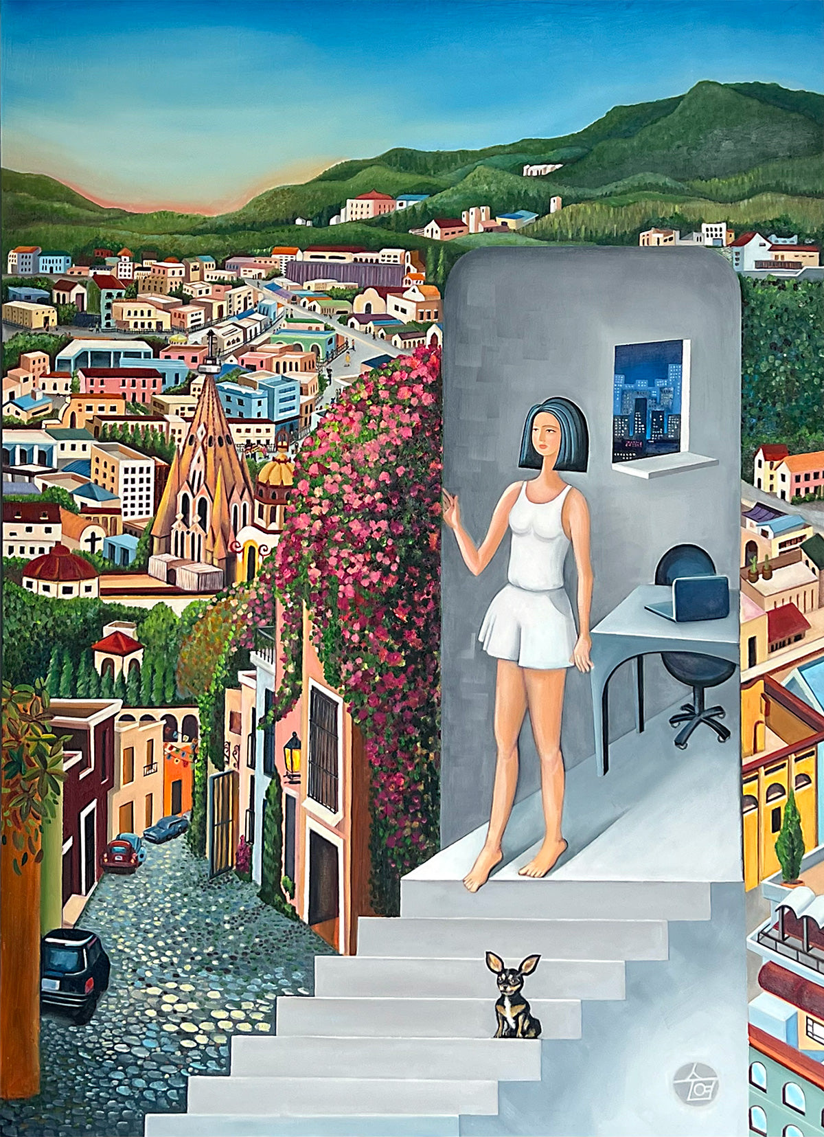 Moment of Arrival, an acrylic painting by Suyeun Lee of a woman on white steps overlooking a colorful hillside village, with a small dog