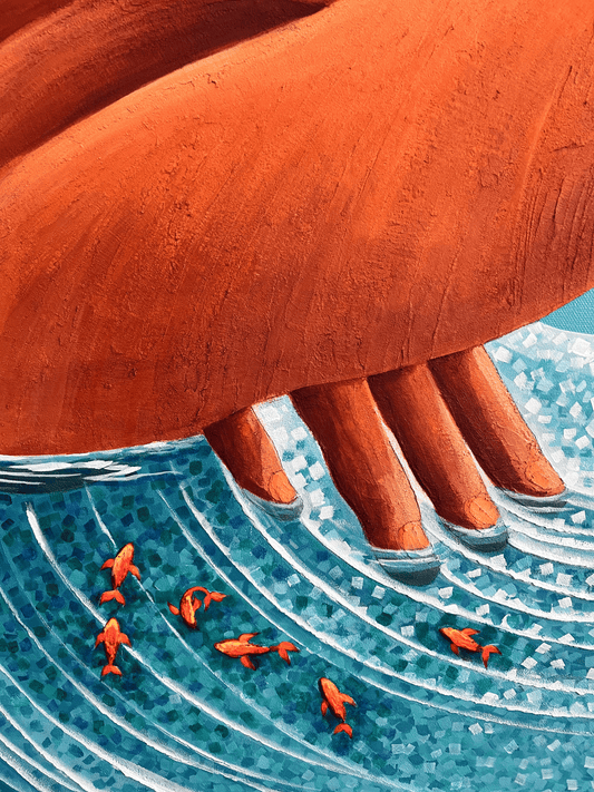 Canyon Oasis — close-up of the resting figure’s hand touching rippling blue water with small orange fish