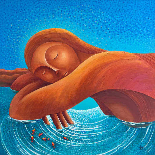 Canyon Oasis — symbolic contemporary painting of a resting figure shaped by warm canyon forms above rippling blue water