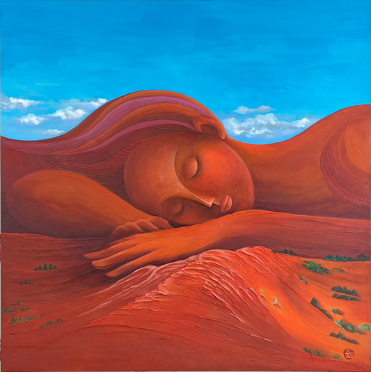 `Sedona Dreaming: Held by the Earth — symbolic contemporary painting of a sleeping figure formed from red canyon shapes beneath a bright blue sky`