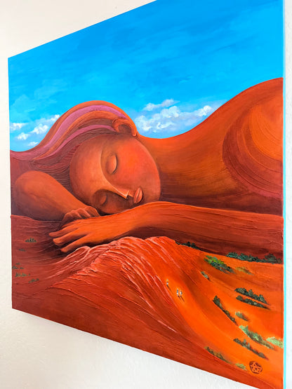 Sedona Dreaming:Held by the Earth — angled view of the original symbolic contemporary canyon painting showing its textured surface and painted edges