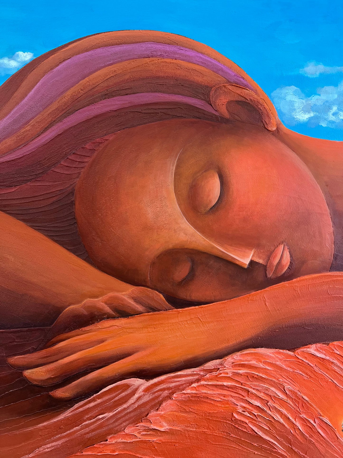 Sedona Dreaming:Held by the Earth — close-up of the sleeping figure and layered red canyon forms in Suyeun Lee's symbolic contemporary painting