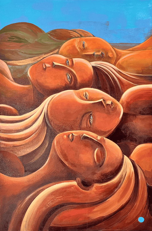 Sedona Dreaming: The Living Landscape — symbolic contemporary painting of four human figures emerging from warm red canyon forms beneath a blue sky