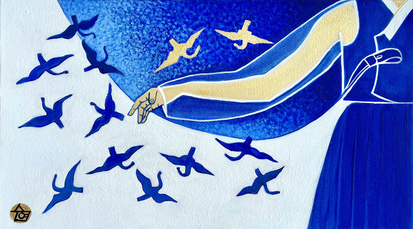 Traditions: Korea - "Whispers in Blue" by Suyeun – Korean-Inspired Minimalist Painting with Birds in Flight, Original Acrylic on Canvas, 35x20cm image 0