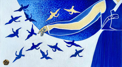 Traditions: Korea - "Whispers in Blue" by Suyeun – Korean-Inspired Minimalist Painting with Birds in Flight, Original Acrylic on Canvas, 35x20cm image 0